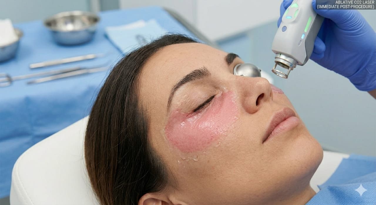 Patient undergoing CO2 laser resurfacing of the lower eyelids and crow's feet area